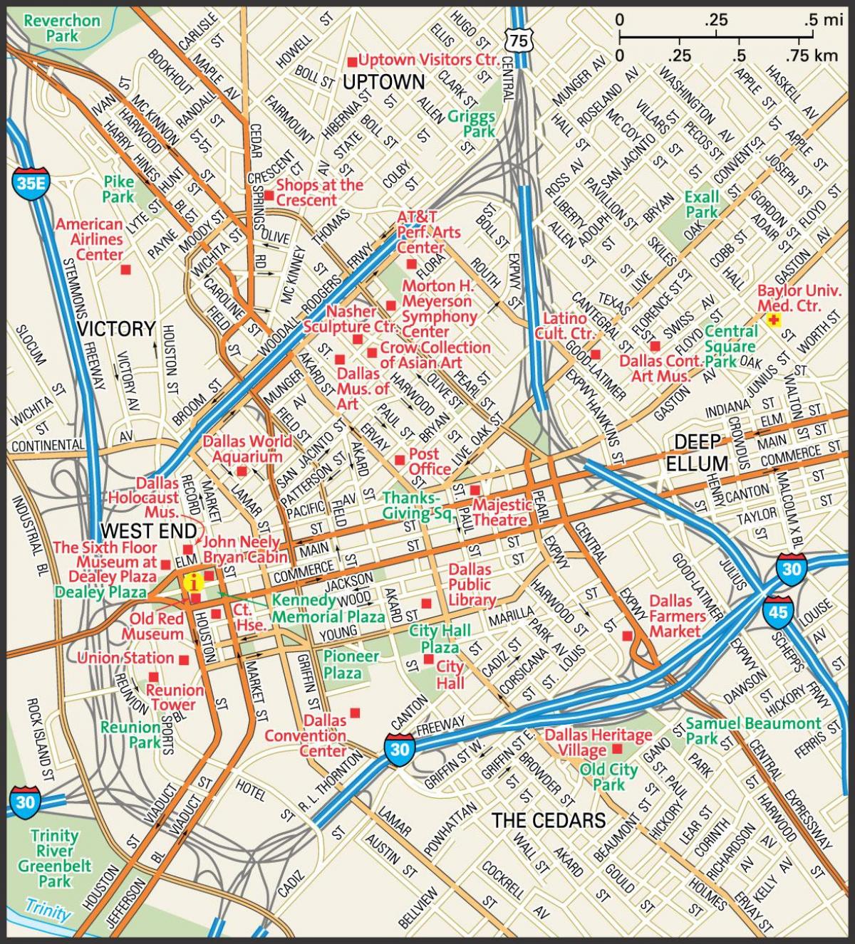 რუკა ცენტრში დალასის ქუჩებში